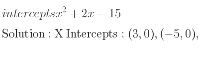 The intercepts of x^2+2x-15 is X Intercepts: (3,0),(-5,0),Y Intercepts: (0,-15)